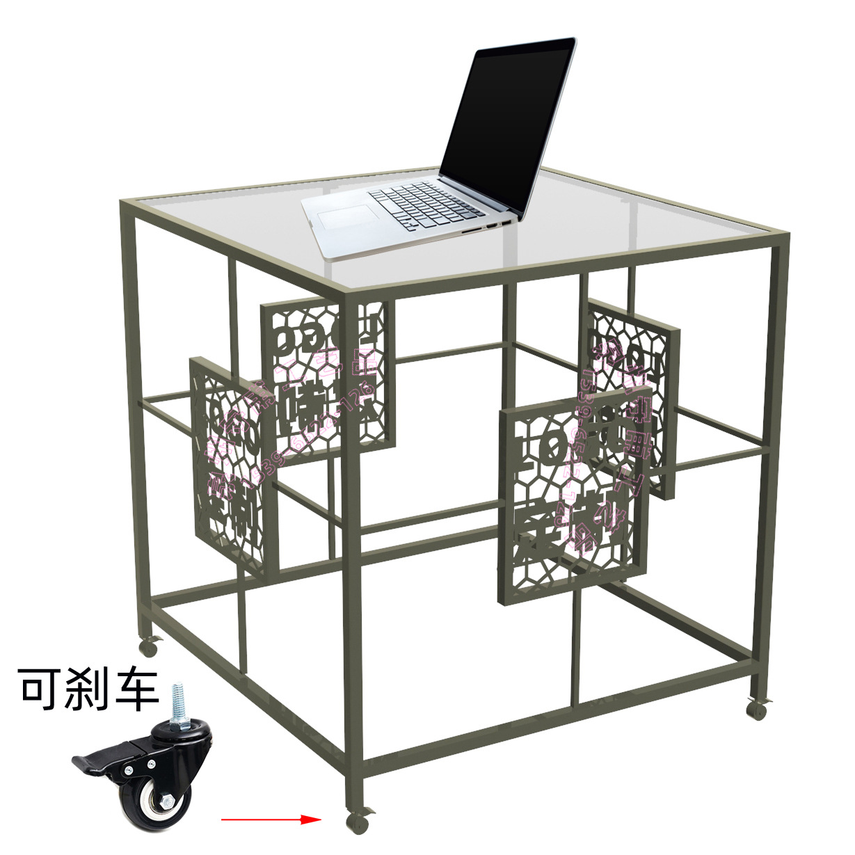 体验实体店的可移动展示台,侧边可定制LOGO，透明钢化玻璃台面