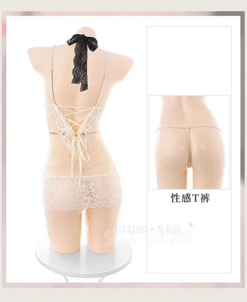 See-Through Lace Babydoll Set with Halter Neck, Thong and Open-Crotch Stockings — detail image 11