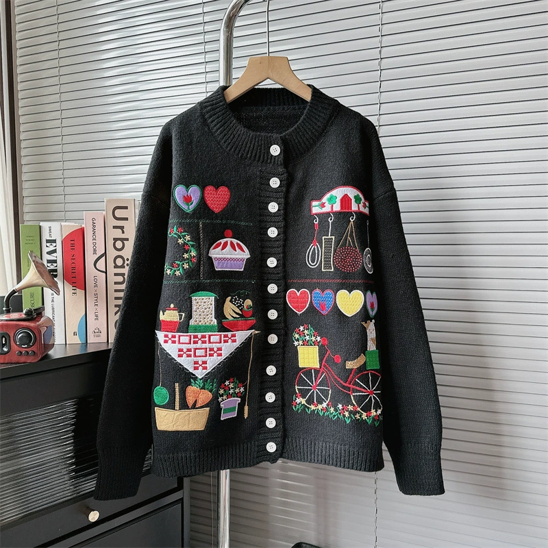 Женский свитер-кардиган в японском стиле с вышивкой, осень-зима 2024, новый, свободного кроя, в студенческом стиле, омолаживающий, вязаный.