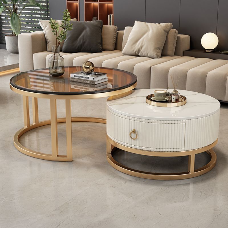 브라운 유리 스노우 마운틴 화이트/골드 프레임 스트라이프 커피 테이블 [싱글 드로우]