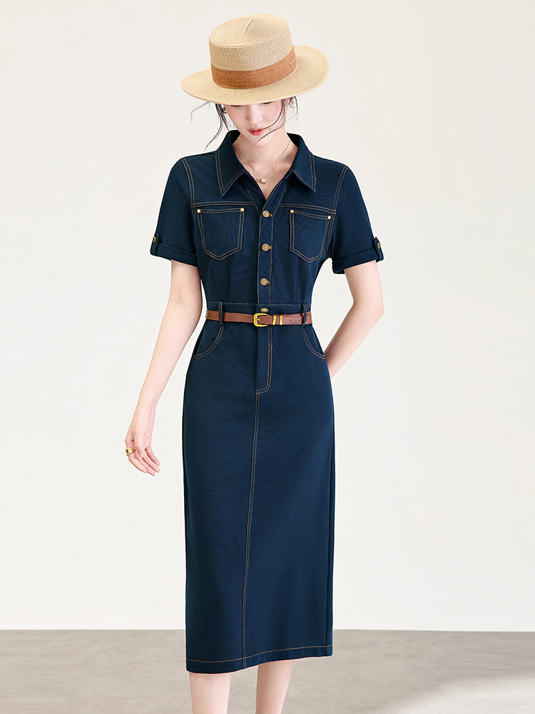 Đầm denim nữ cổ V eo cao tay ngắn dáng ôm — xanh lam