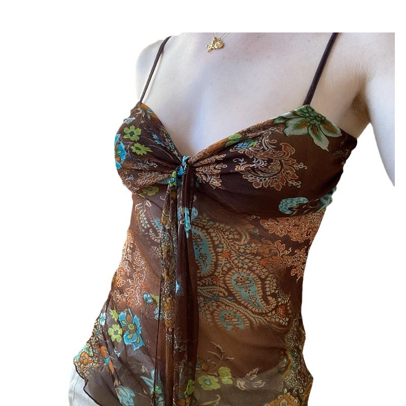 European And American Retro Printing Color Contrast V-neck Small Sling Women's Spring