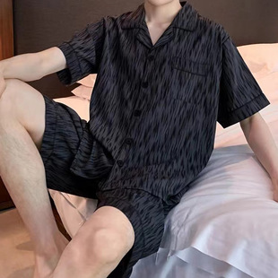 Pajamas Men's Summer Pajamas Short-Sleeved Shorts Thin Men's Boys Summer Black Striped Home Clothes Cross-Border Wholesale