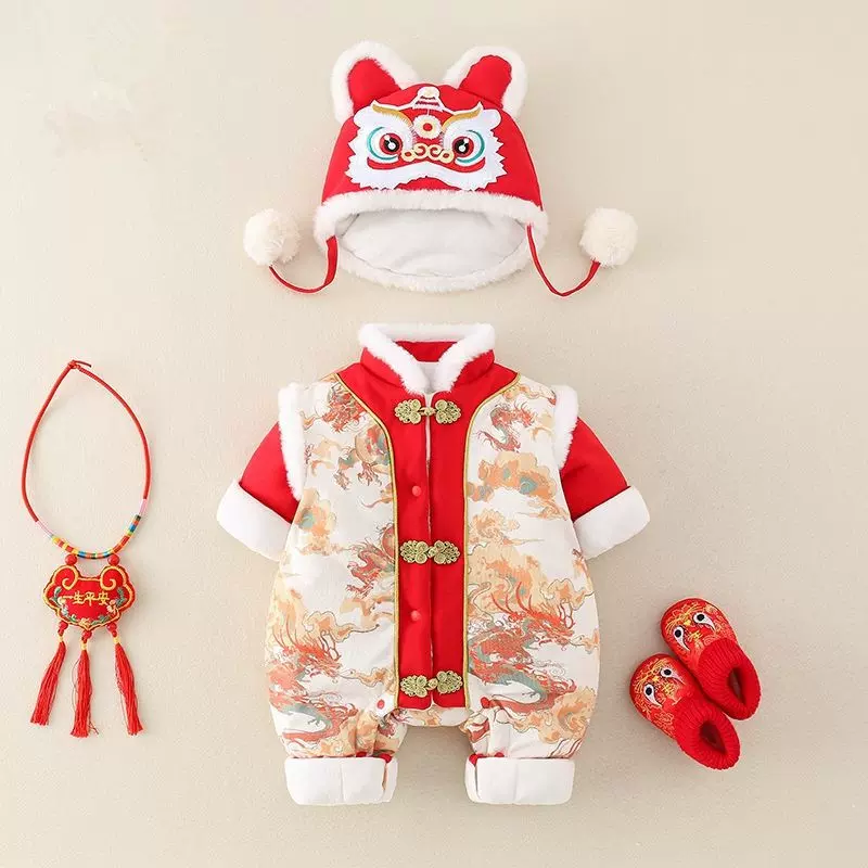婴儿拜年服喜庆连体衣宝宝冬装满月百天周岁礼服新生儿过新年衣服