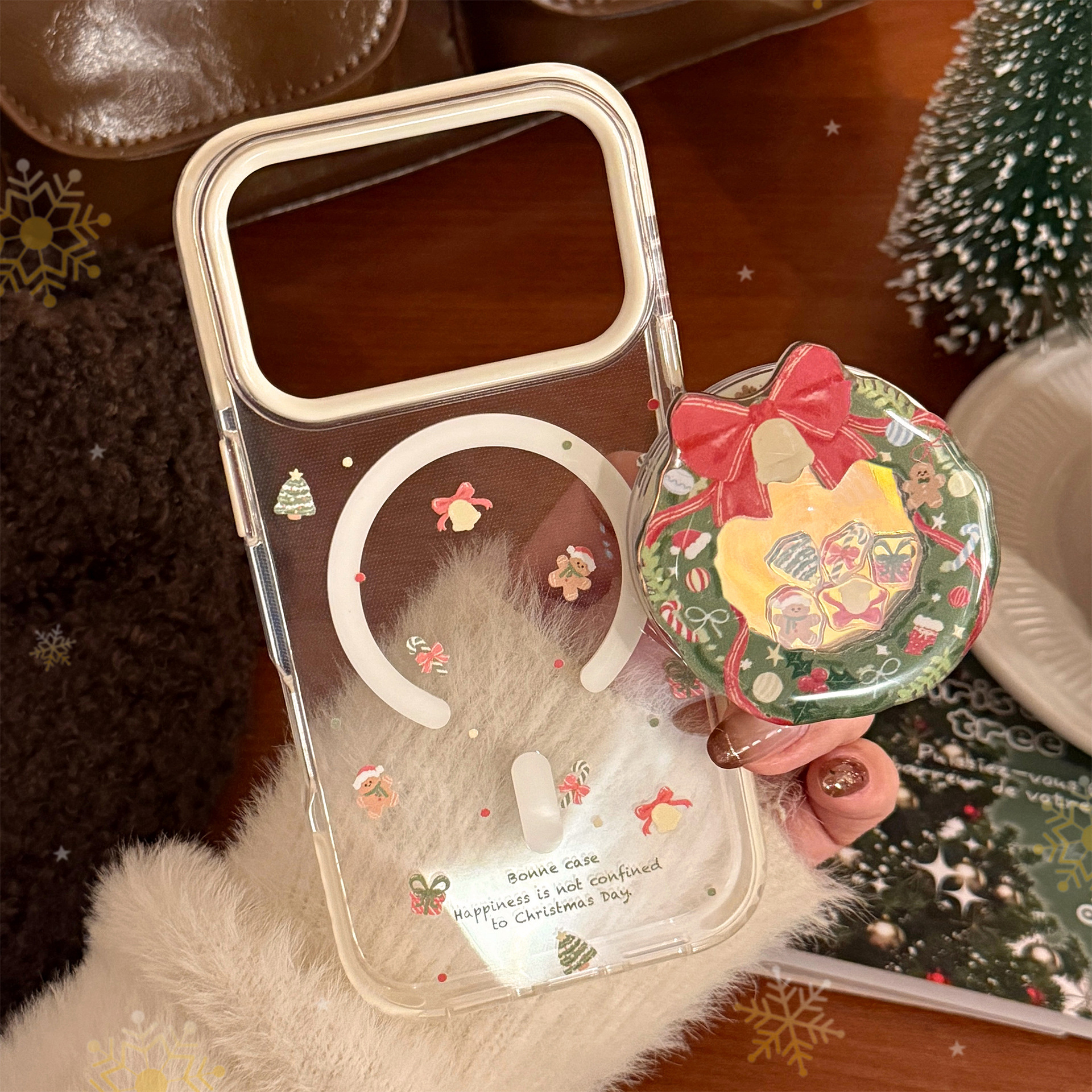 Shake Le Magnetic Holder Protective Phone Case For Iphone 17 16 15 14 13 12 11 Pro Promax Plus Transparent Phone Case Christmas Wreath 14 Soft Cover_voghion.com