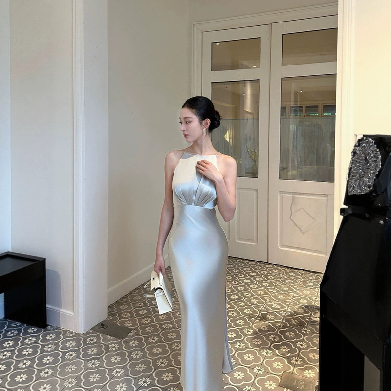 Sx Shanxi High-End Acetate Satin Sleeveless Slim Fit Hip-Hugging Dress Waist Slimming Look Slit Elegant Dress
