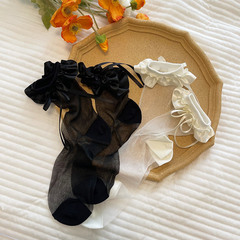 日系新品綢緞蝴蝶結水晶花邊堆堆襪少女洛麗塔軟妹薄款絲襪短襪