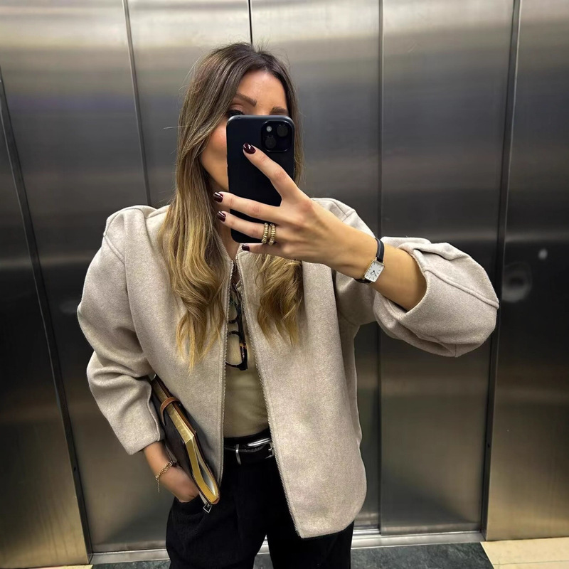 Cross-Border European and American Foreign Trade Women's Clothing New Style Simple Versatile Stand-Up Collar Casual Style Zipper Decoration Soft Buckle Flight Jacket