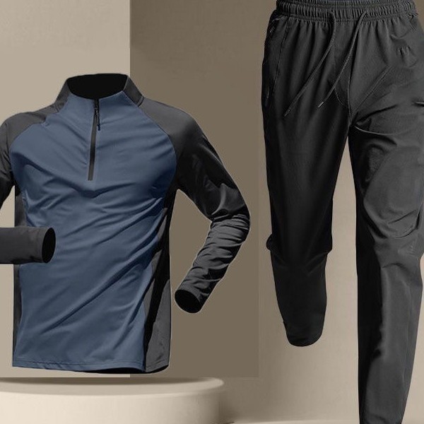 Half Zipper Training Clothes Men's Quick-drying Clothes Long-sleeved Trousers suit Sports Track and Field Sports T-shirt Running Fitness Clothes