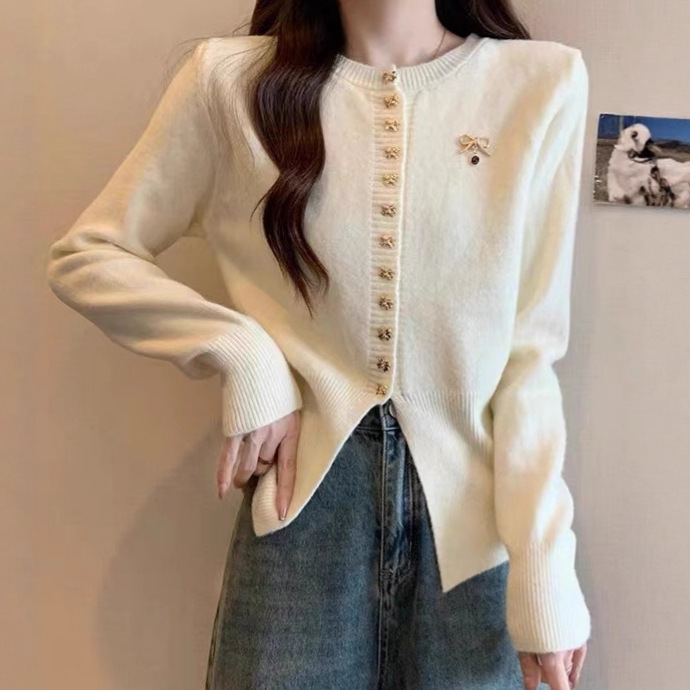 Autumn and Winter New Christmas Red Bow Knitted Cardigan Women's Korean Style Age-Reducing Slim Sweater Short Jacket Elegant