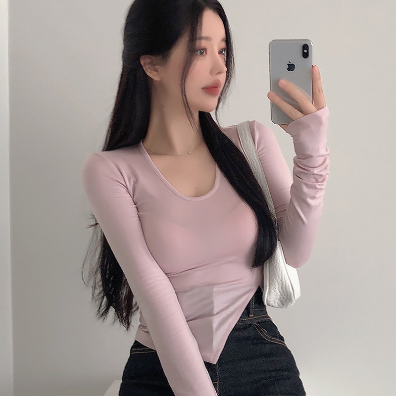 Thin Micro-perspective Feminine Pure Desire Sexy Figure Inner Base U-neck Side Split Tight Long-sleeved T-shirt