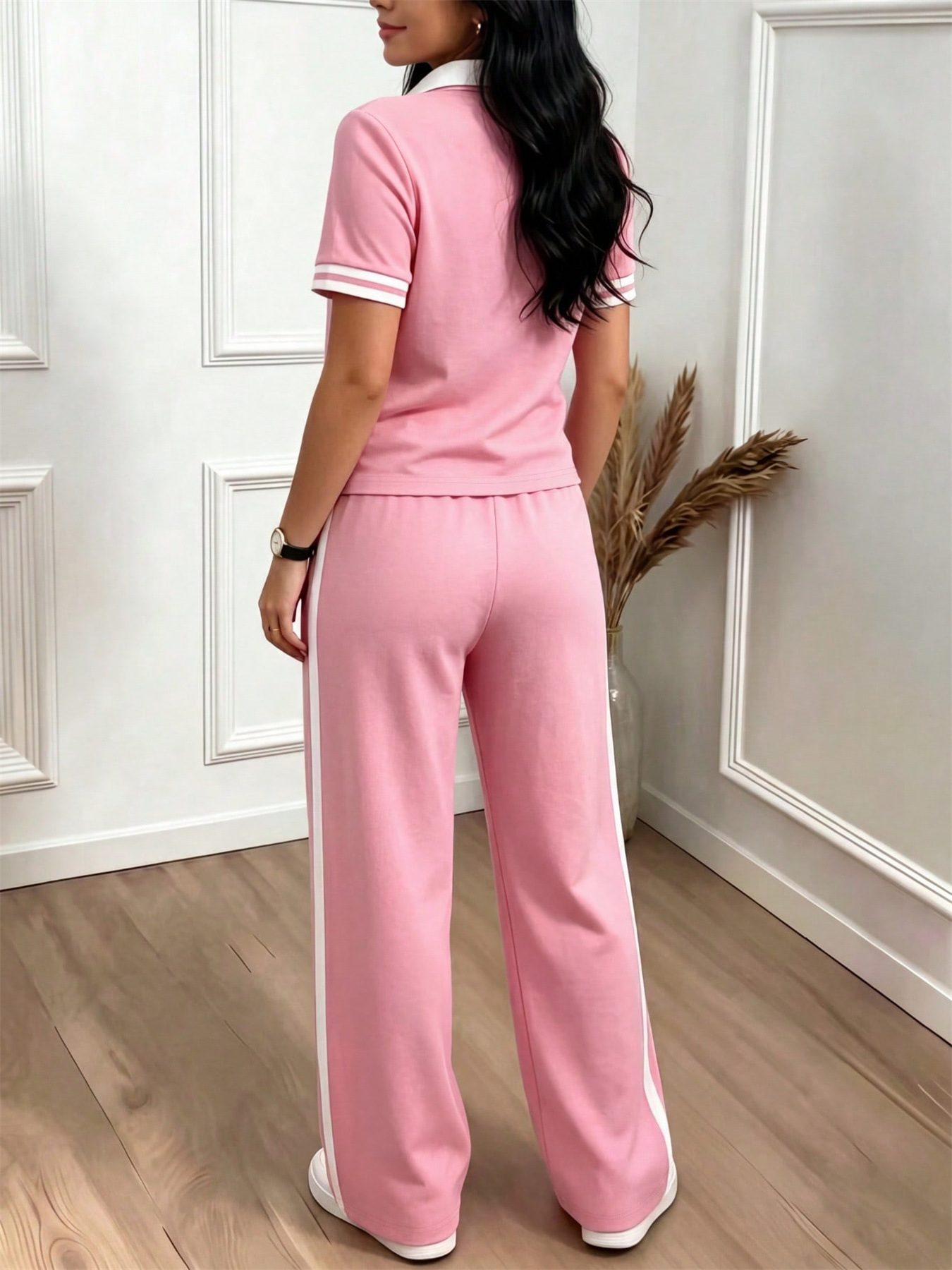 Women's Casual Color Block Polo Neck Top with Striped High-Waisted Drawstring Trousers Set Comfortable Summer Pant Set_ecoleips.com