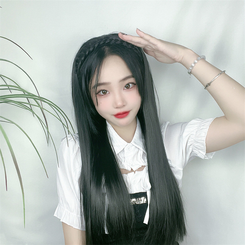 Peluca femenina twist trenza banda de pelo largo cabello recto integrado en forma de u fibra química media cabeza cubierta proveedor de peluca de comercio exterior transfronterizo