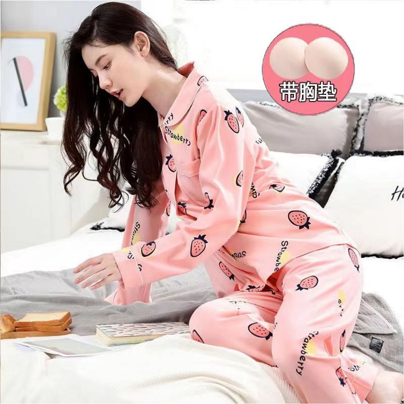 100% algodón puro pijamas de una pieza con almohadilla de pecho de primavera y otoño de las mujeres pantalones de manga larga en línea rojo nuevo estilo coreano se puede usar fuera del traje