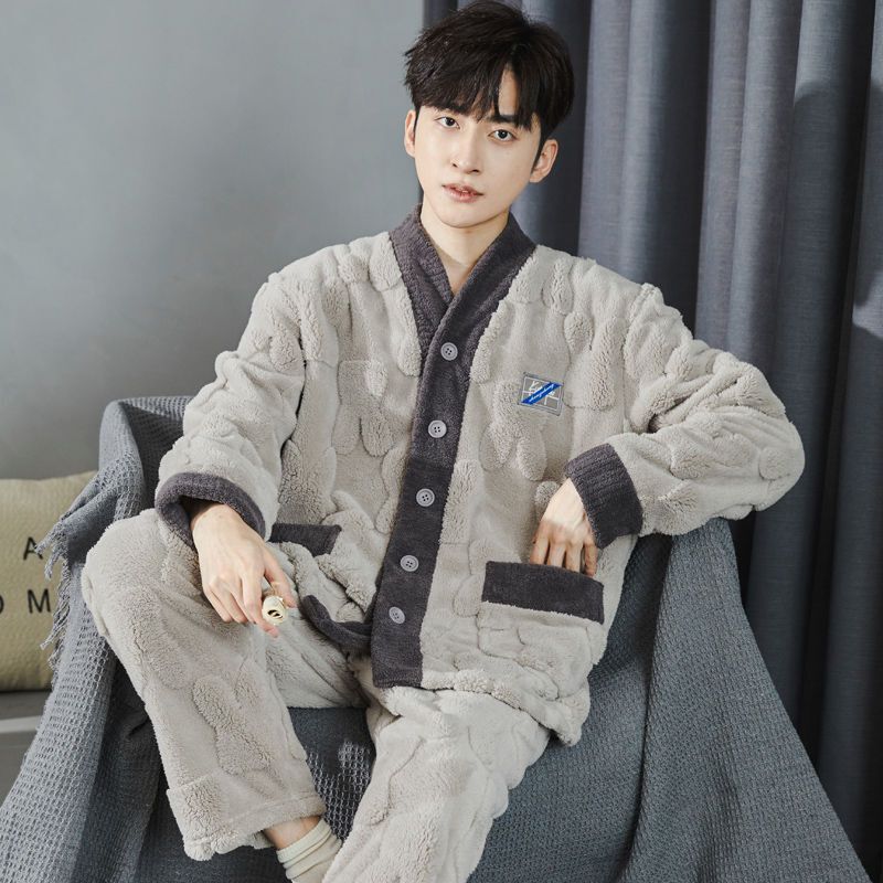 Light Luxury Men's Coral Velvet Pajamas Autumn and Winter Thickeneded Velvet Kimono Collar Flannel Home Clothes Set Can Be Used in Winter Light Luxury Men's Coral Velvet Pajamas Autumn and Winter Thickeneded Velvet Kimono Collar Flannel Home Clothes Set Can Be Used in Winter