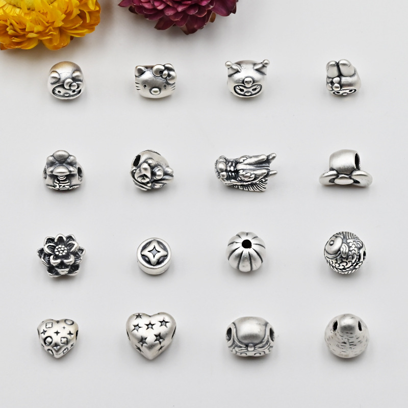 999銀配飾3D硬銀醒獅錢幣隔珠串珠diy編織手鍊項鍊轉運珠飾品配件