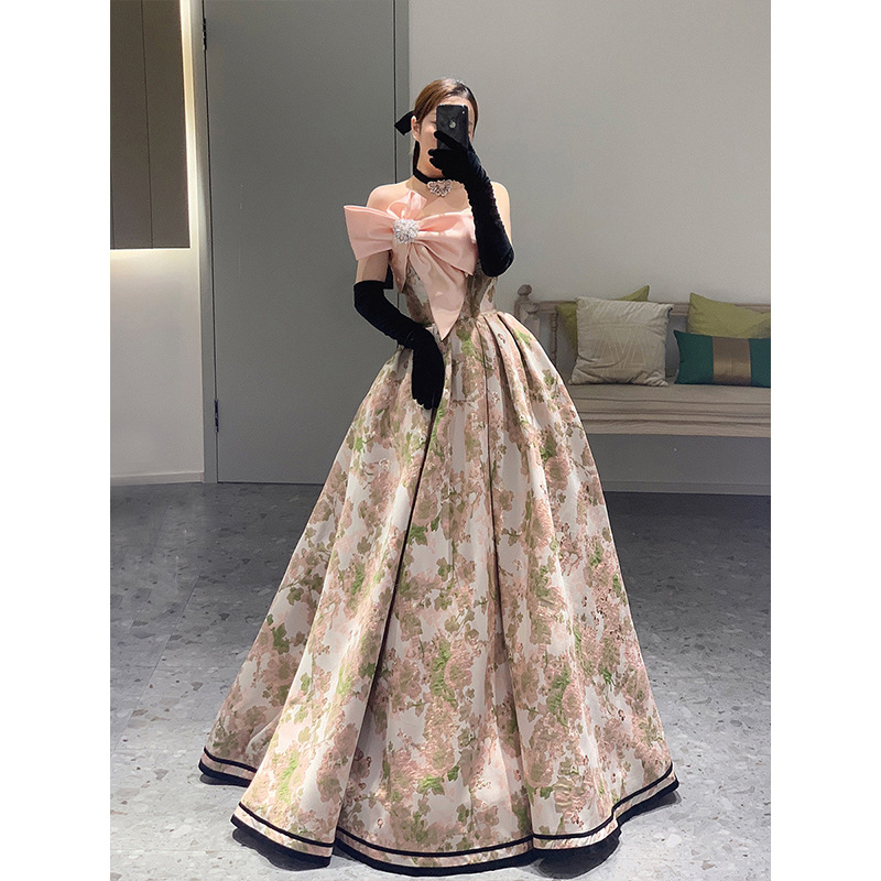 Foreign Trade European and American Jacquard Satin 2026 New Model Socialite Banquet Toast Dress Bridal Evening Gown Supply for Aliexpress