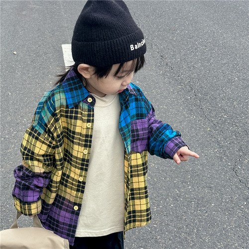 Children's Rainbow Grid Long-Sleeve Shirt 2024 New Autumn Outfit Boy's Grid Collar Shirt Trendy Middle and Small Children Baby Top