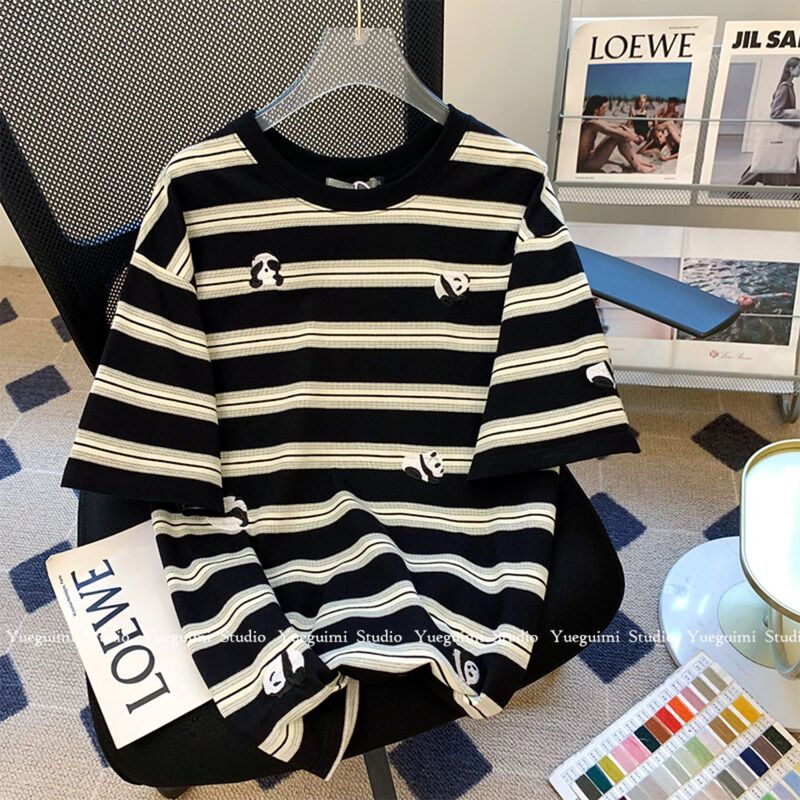 150kg Plus-Size Black and White Striped Panda Embroidery Short Sleeve T-Shirt for Women 2025 Summer Loose Versatile Top 150kg Plus-Size Black and White Striped Panda Embroidery Short Sleeve T-Shirt for Women 2025 Summer Loose Versatile Top