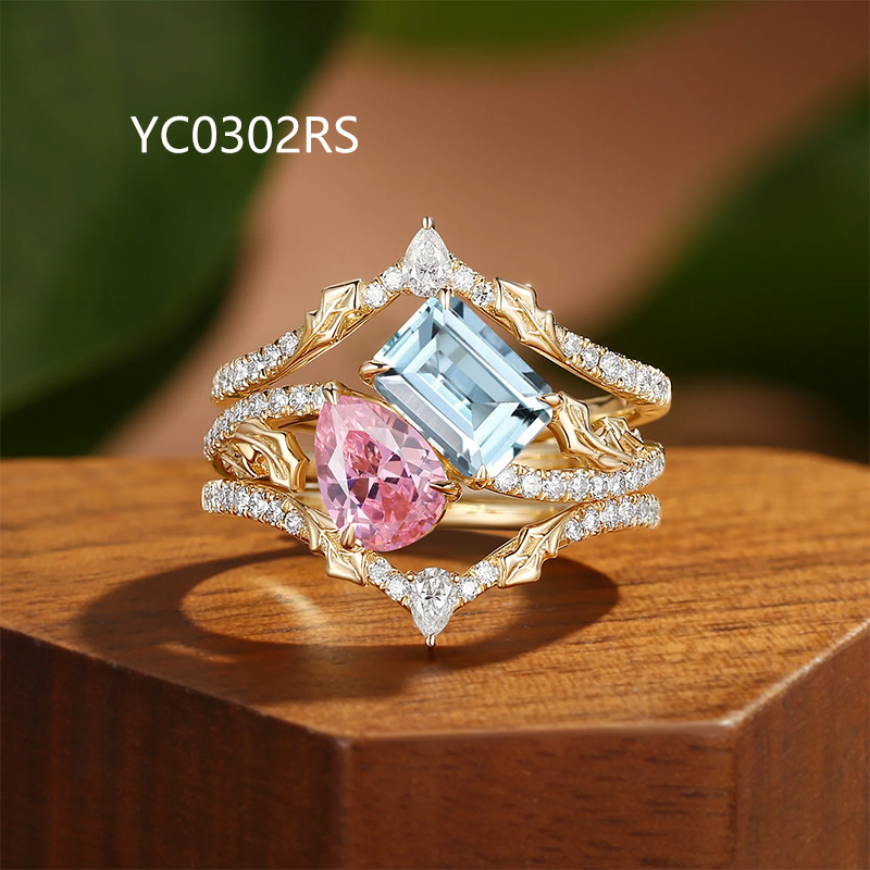 Tiktok Xiaohongshu Instagram Cross-Border Live Broadcast S925 Sterling Silver Plated with 18K Gold Cultured Pink Gem Aquamarine Stackable Rings