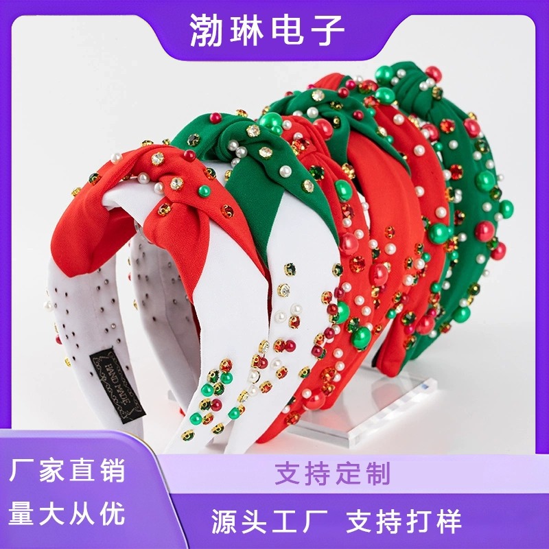 跨境欧美热销圣诞节新潮发箍 宽边镶钻钉珠撞色打结轻奢节庆头箍