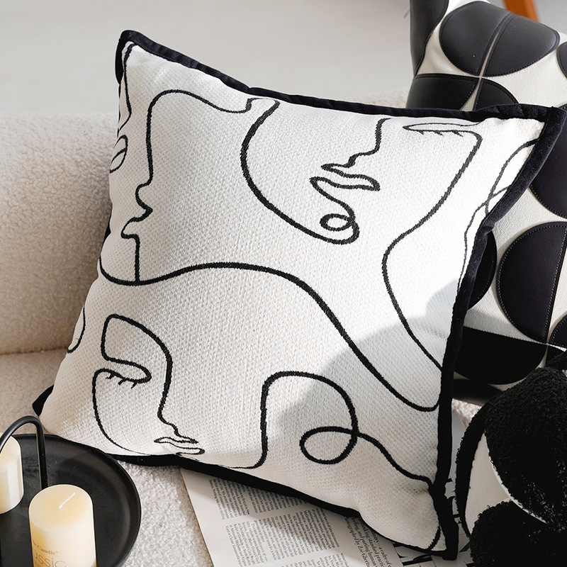 Almohada en blanco y negro de lujo ligero y de alta gama Almohada de la Edad Media francesa Bordado Cama simple Sala de estar Sofá Funda de almohada con núcleo