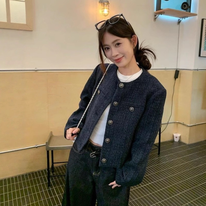 法式小香风外套女装秋季2025新款超火减龄休闲蓝色短款韩系上衣服|undefined