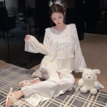 春秋新款冰丝睡衣女圆领蕾丝宫廷风公主风家居服套装网红爆款外穿