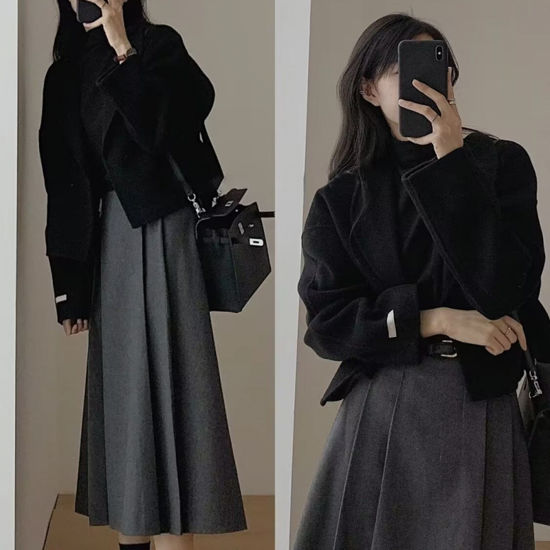 2024 가을 신형 차 스타일 한국 젠틀웨어 세트 어울리는 치마 작은 향기로운 스타일 우유 사랑스러운 세트 코트 여성의 가을과 겨울
