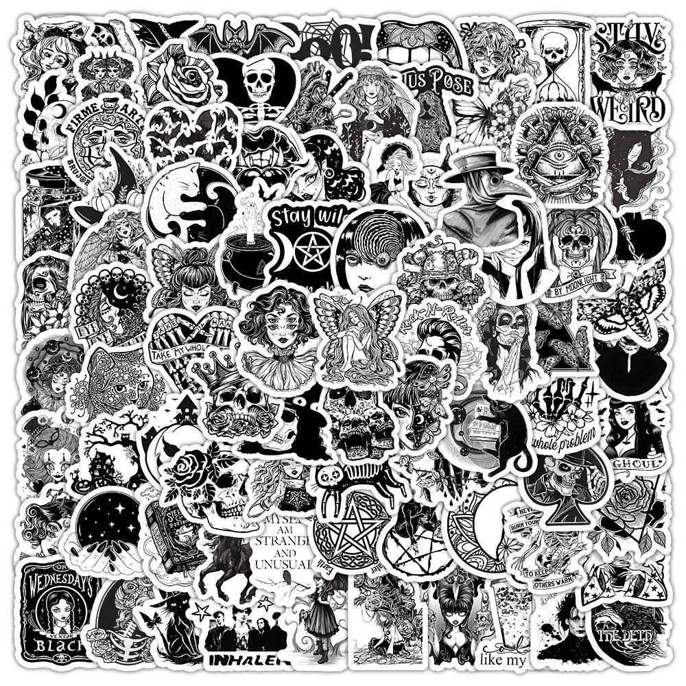 100 black and white gothic style graffiti stickers