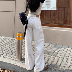 白色阔腿牛仔裤女广州货源早秋新款高腰宽松窄版小个子垂感直筒裤