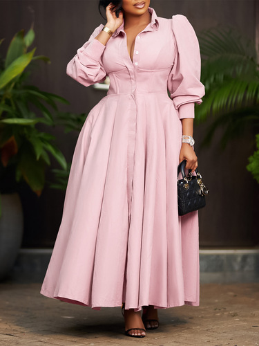 D570 Cross-border Women's Elegant Long-sleeved Large Swing Button-down Dress Top Fashion Solid Color Medium-length African Dress