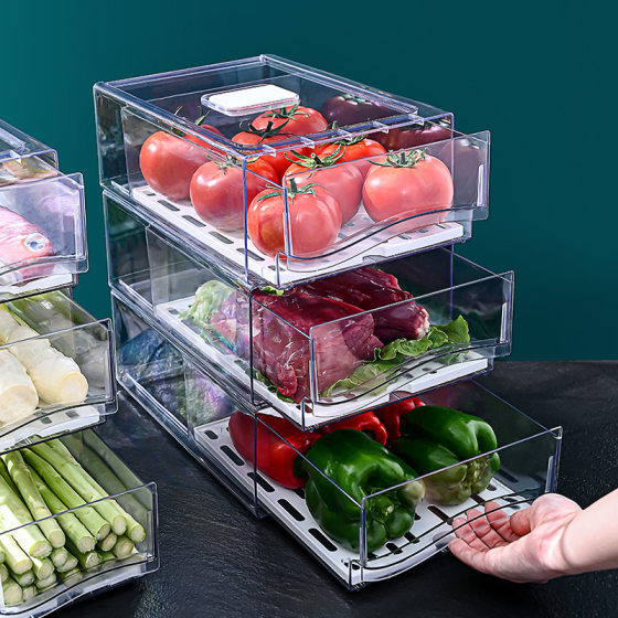 Drawer type refrigerator food box plastic transparent stackable drain storage box food grade fruit and vegetable finishing box