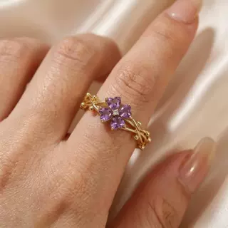 爆款高级感日韩风戒指四叶花锆石甜美小众设计时尚开口可调节配饰