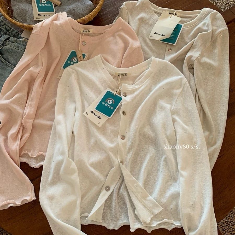 @Berry*【Fine Sequined Mother-of-Pearl Buttons】Breathable Paper Doll Style ~ Linen Cardigan for Summer Sun Protection and Air Conditioning