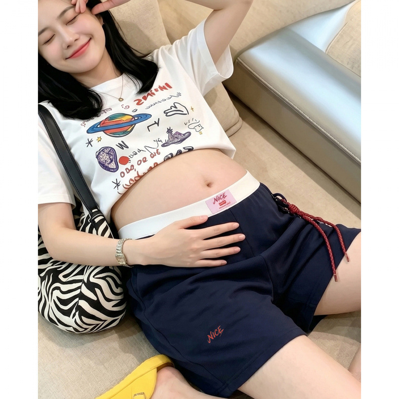 Maternity Wear American-Style Navy Blue Embroidered Letter Shorts Summer Thin Wide-Leg Sports Casual Loose Belly-Support Pants
