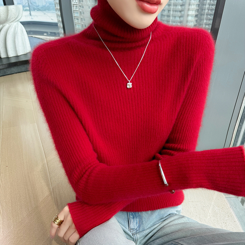 毛衣显瘦抽条厚款秋冬新款高翻领100羊毛女修身百搭针织打底套头|undefined