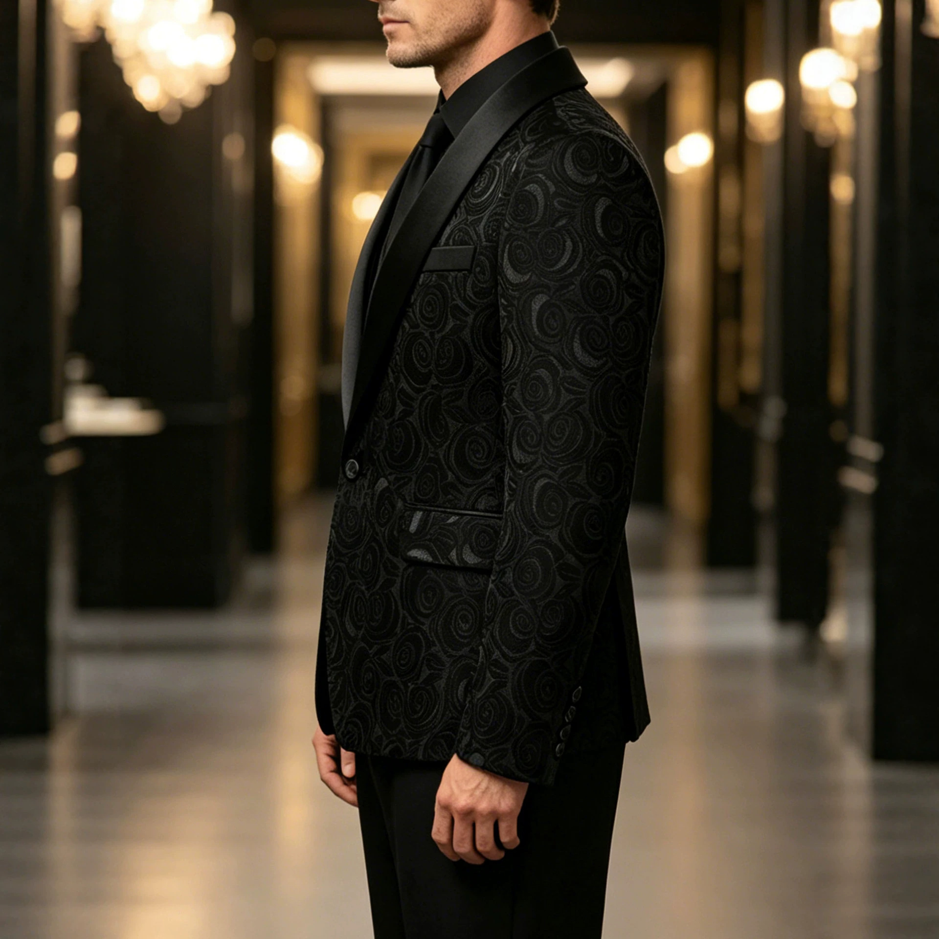 Completo da uomo a tre pezzi, elegante abito da banchetto con gilet, giacca e pantaloni in jacquard._voghion.com