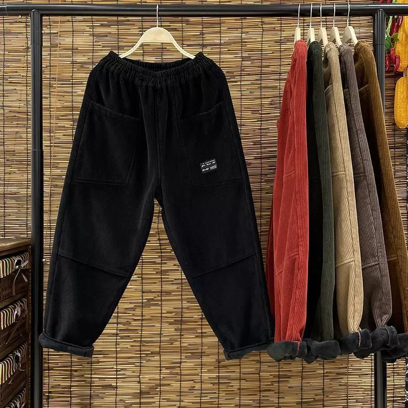 Демисезонные тёплые вельветовые брюки из велюра, oversize, плюс размер