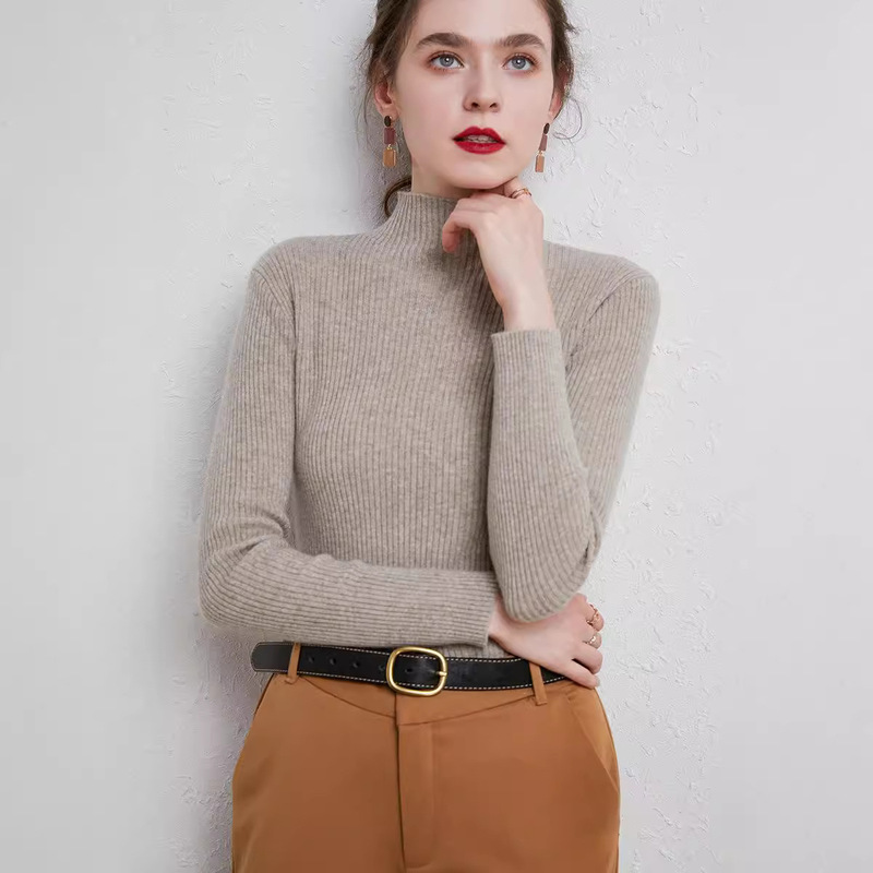 Autumn and Winter New Women's Self-Led Slim-Fit Long-Sleeved Pullover Solid Color Casual All-Match Sweater Base Top