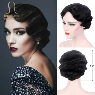 Guangzhou Panyu Cross-Border Stock European and American 20S Water Ripple Black Retro Old Halloween Curly Wig for Women