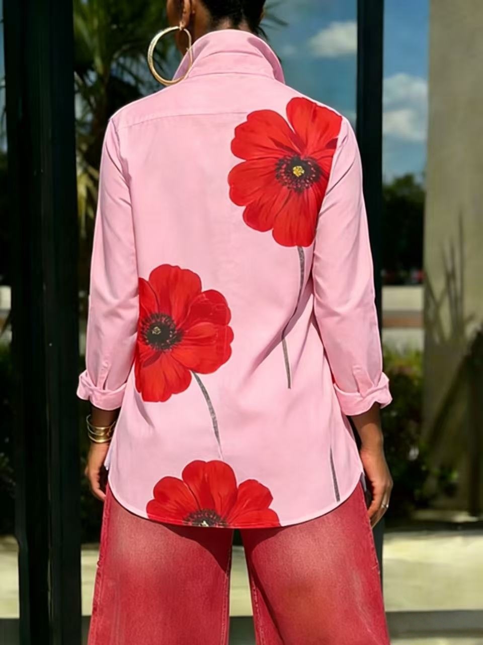 Women's Clothing Spring/Summer Women's Large Red Floral Print Collared Shirt Long Sleeve Loose Fit Mid Length Style Top_ecoleips.com