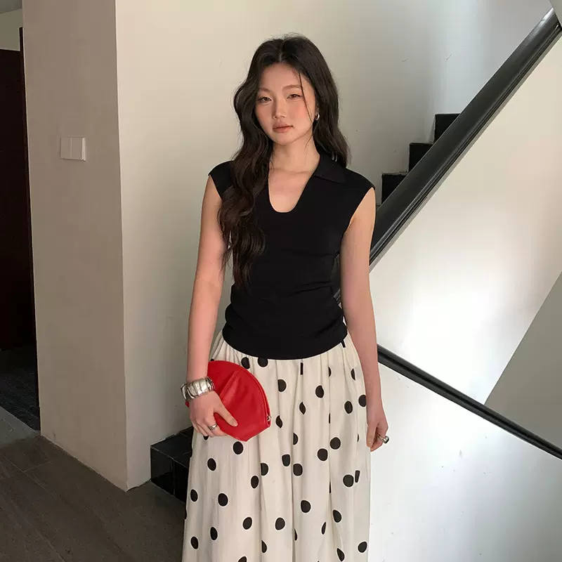 FONE简禾2025夏季格雷系百搭纯色U领背心女修身无袖针织上衣88152