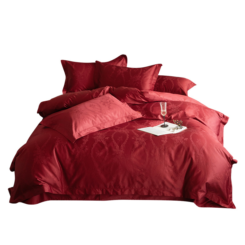 Nuevo estilo chino 100 algodón largo para la boda cuatro piezas de algodón Jacquard boda colcha de cama de algodón rojo