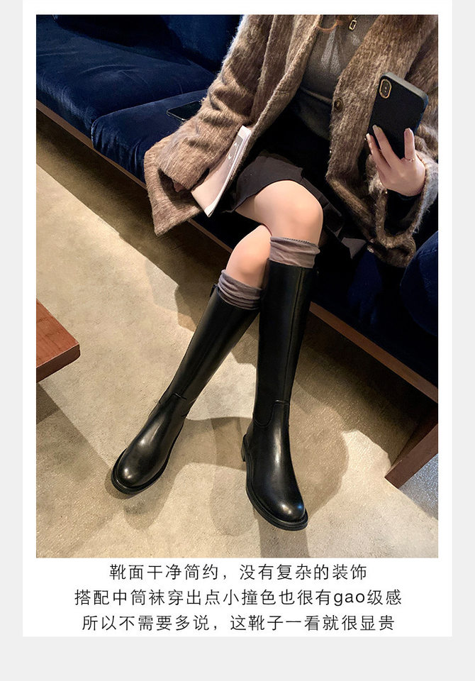 Bốt cao cổ nữ da lộn mũi tròn khóa vàng, gót vừa 3–5 cm, đế dày — Màu đen (lót lông cừu), Màu đen (lớp lót đơn) chi tiết 13