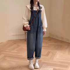 初春韩系穿搭套装2025小个子洋气减龄娃娃领衬衫牛仔背带裤两件套