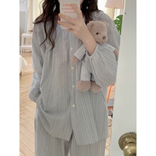 韩国ins女士外贸春季新款女韩版纯色睡衣长袖长裤舒适家居服套装
