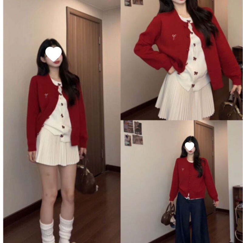 Plus Size Fat Girl Christmas Retro Red Bow Fake Two-Piece Knitted Top Women's Autumn and Winter Versatile Soft Waxy Sweater