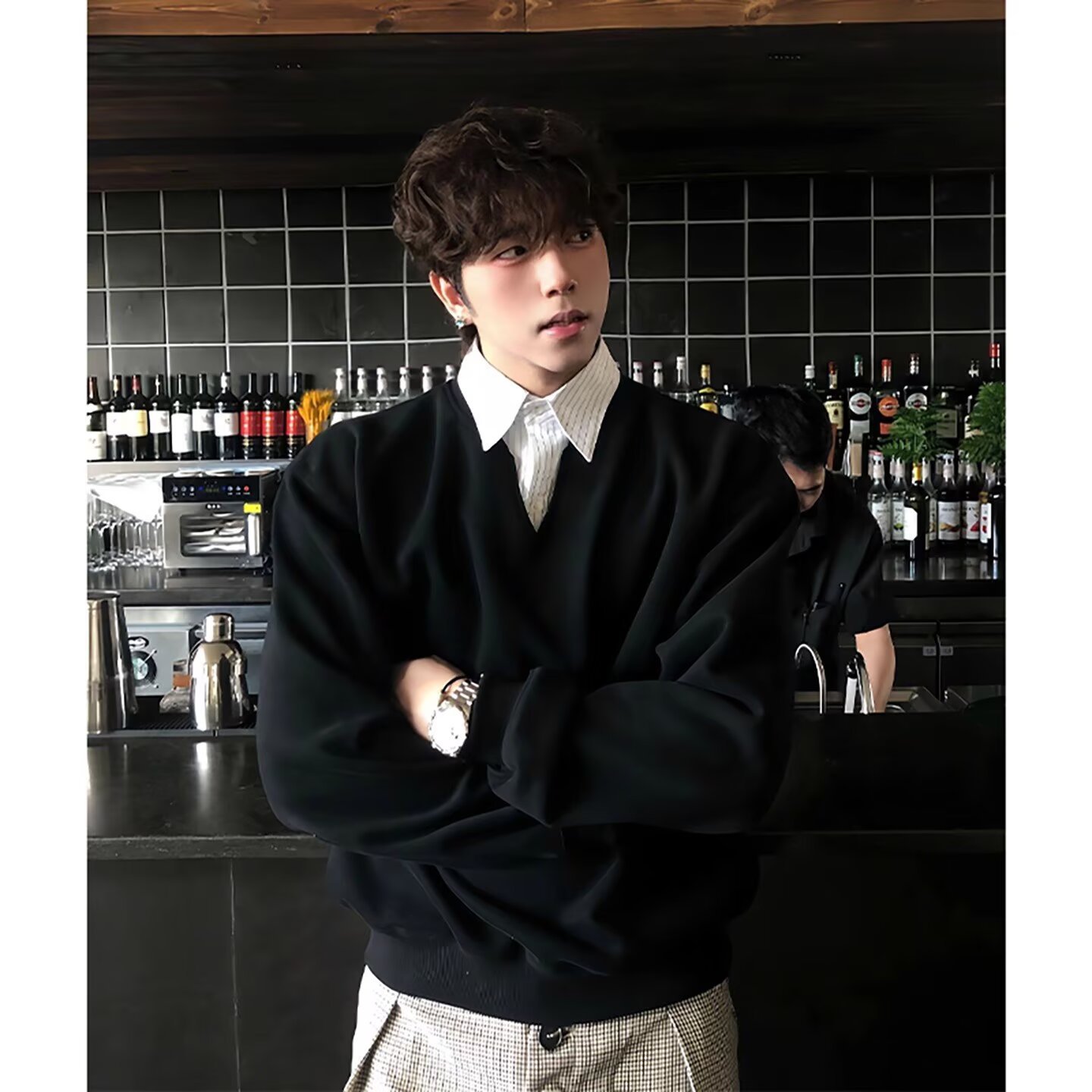 Falsa camisa polo de cuello V camisa a cuadros de hombre empalmado viejo estilo de dinero coreano otoño invierno fábrica transfronteriza al por mayor