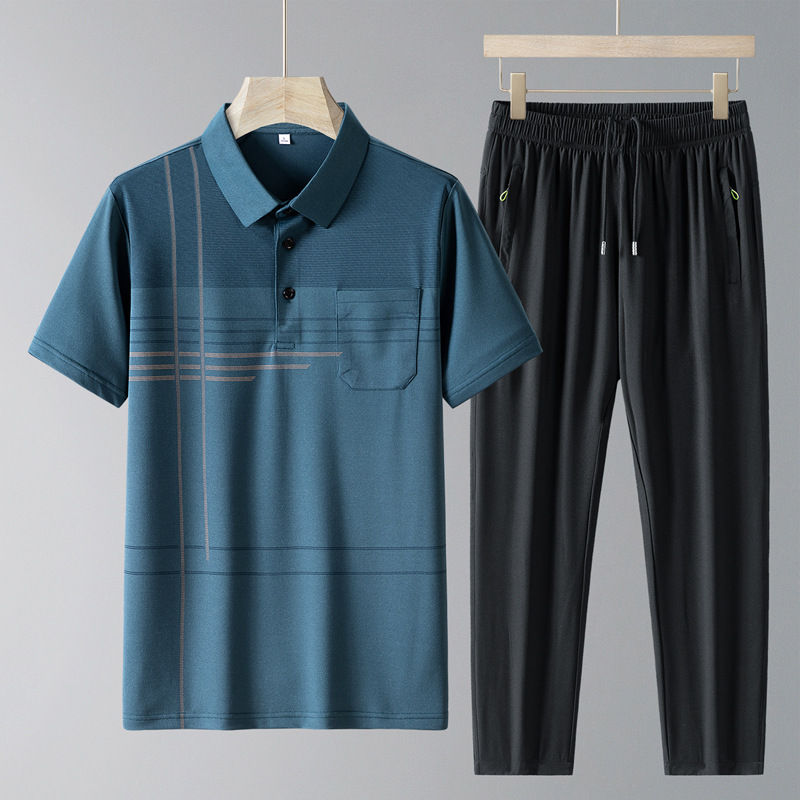 Papá, ropa de verano de hielo, traje deportivo de hombre, pantalones largos de manga corta de verano, ropa deportiva casual de hombre, dos piezas de mediana edad.